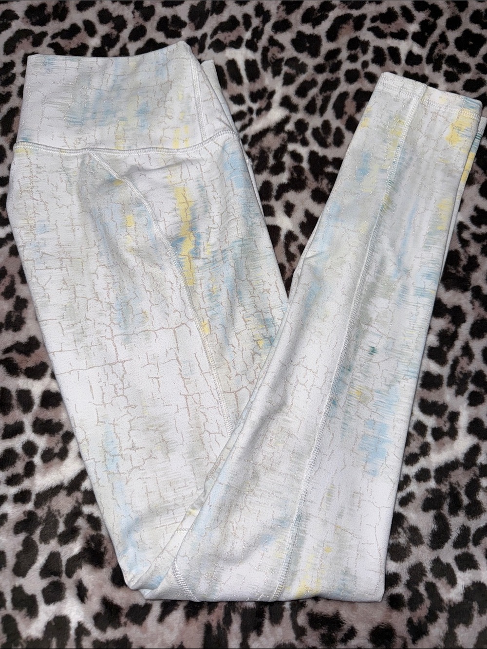 Fabletics White Leggings with Pale Blue and Yellow Brushstroke Print
